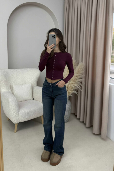 BUTTONED ONE COLOR WOMEN SWEATSHIRT BURGUNDY/VISHNJE - 2