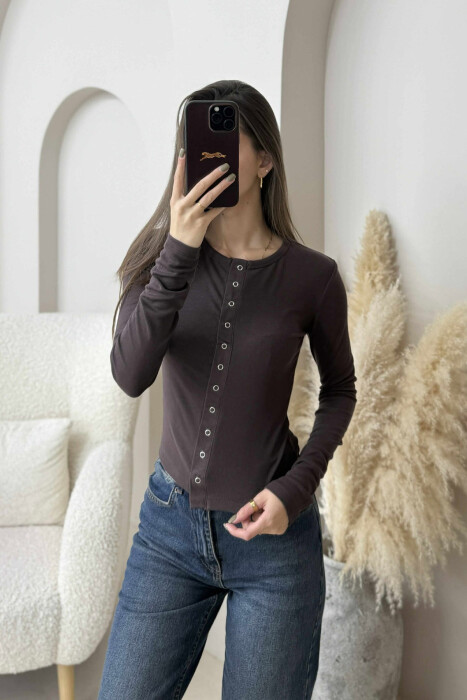 BUTTONED ONE COLOR WOMEN SWEATSHIRT DARK BROWN/KAE - 1