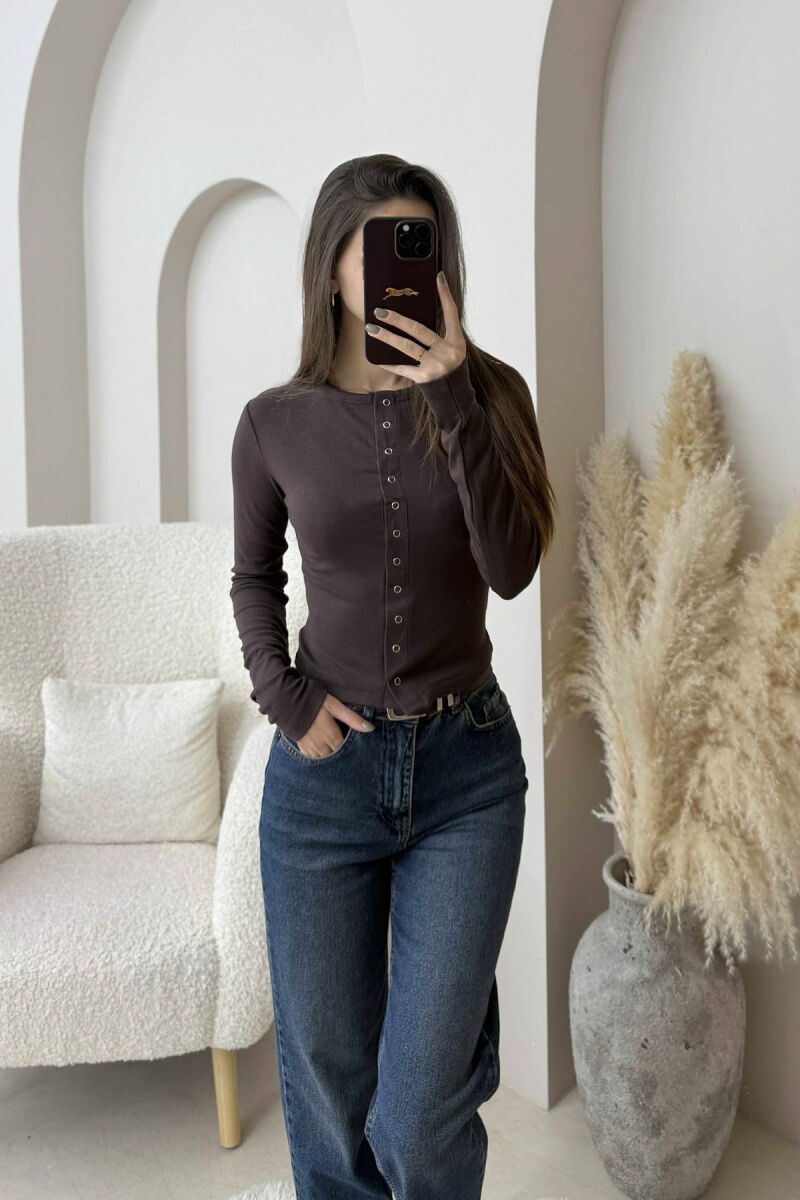 BUTTONED ONE COLOR WOMEN SWEATSHIRT DARK BROWN/KAE - 2