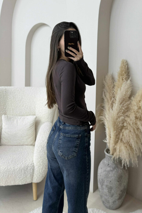 BUTTONED ONE COLOR WOMEN SWEATSHIRT DARK BROWN/KAE - 3