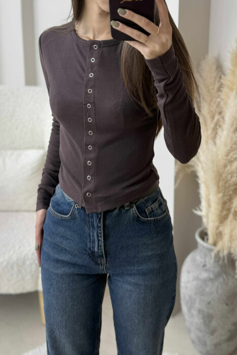BUTTONED ONE COLOR WOMEN SWEATSHIRT DARK BROWN/KAE - 4