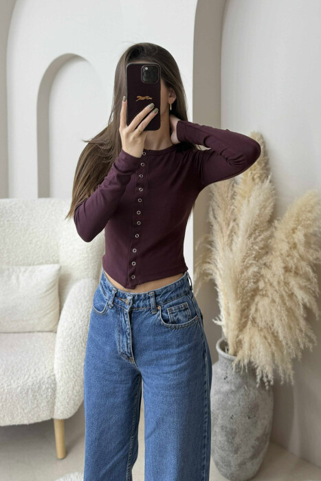 BUTTONED ONE COLOR WOMEN SWEATSHIRT DARK BURGUNDY/VISHNJE E ERRET - KLAUDIO FASHION