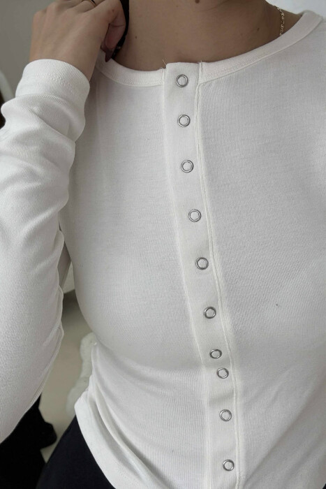 BUTTONED ONE COLOR WOMEN SWEATSHIRT WHITE-E BARDHE - 3