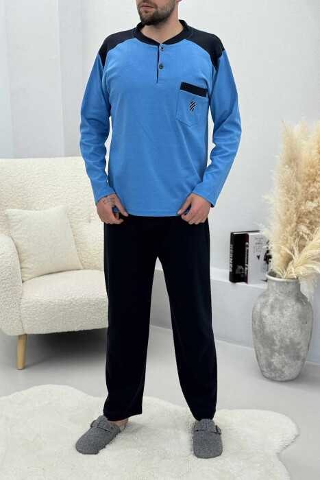 BUTTONED POCKET DETAIL SWEATSHIRT+ SWEATPANTS MEN PYJAMAS LIGHTBLUE/BZ - 1