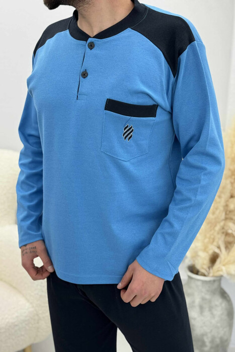 BUTTONED POCKET DETAIL SWEATSHIRT+ SWEATPANTS MEN PYJAMAS LIGHTBLUE/BZ - 2