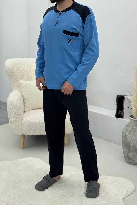 BUTTONED POCKET DETAIL SWEATSHIRT+ SWEATPANTS MEN PYJAMAS LIGHTBLUE/BZ - 4