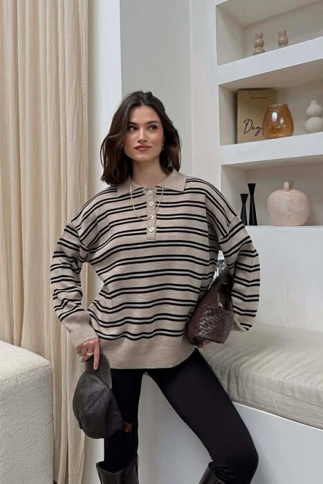 BUTTONED POLO NECK SIMPLE WOMAN SWEATER BEIGE/BEZHE - 1