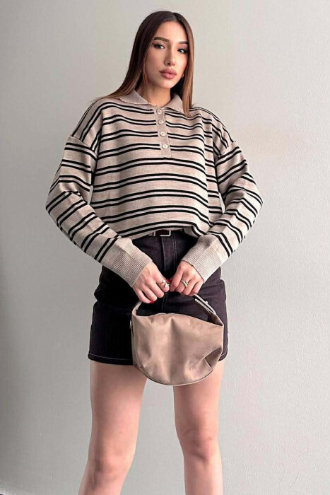 BUTTONED POLO NECK SIMPLE WOMAN SWEATER CREAM/KREM 