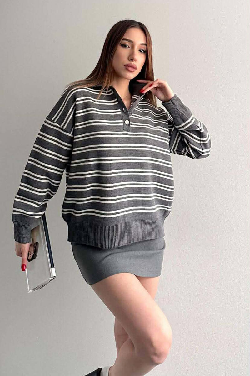 BUTTONED POLO NECK SIMPLE WOMAN SWEATER GREY/GRI - 1