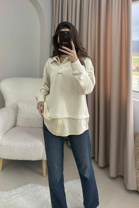 BUTTONED POLO NECK SIMPLE WOMEN SWEATSHIRT BEIGE/BEZHE 