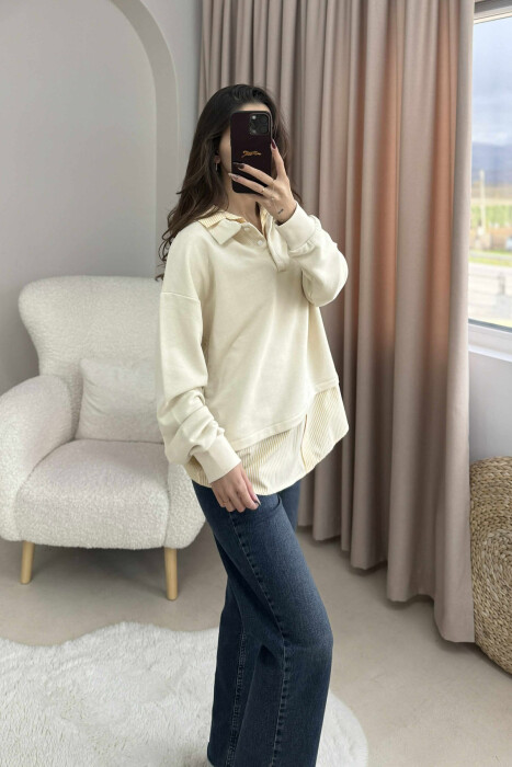 BUTTONED POLO NECK SIMPLE WOMEN SWEATSHIRT BEIGE/BEZHE - 2