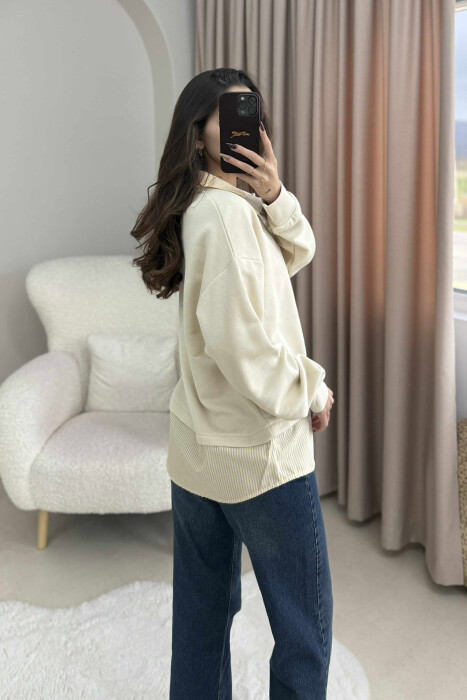 BUTTONED POLO NECK SIMPLE WOMEN SWEATSHIRT BEIGE/BEZHE - 3
