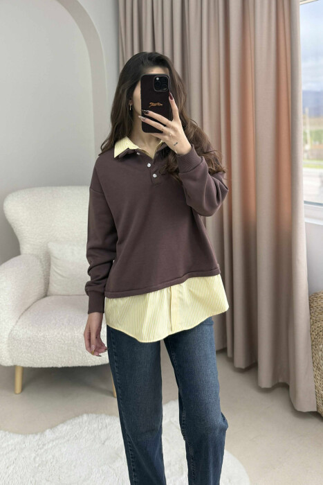BUTTONED POLO NECK SIMPLE WOMEN SWEATSHIRT BROWN/KAFE - 1