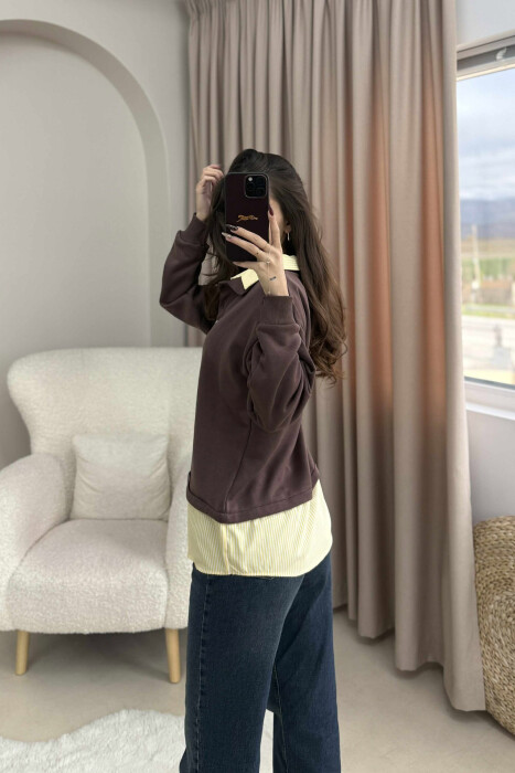 BUTTONED POLO NECK SIMPLE WOMEN SWEATSHIRT BROWN/KAFE - 2
