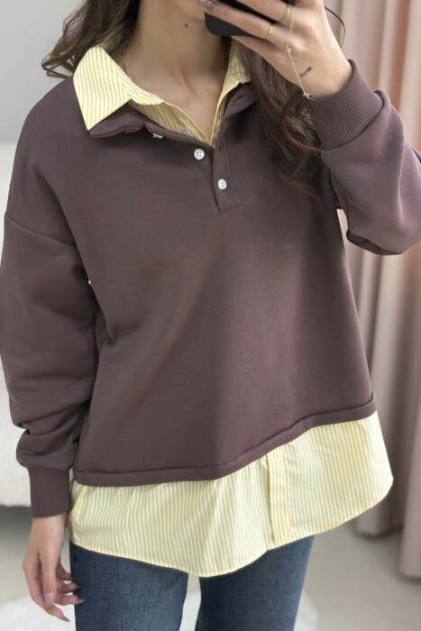 BUTTONED POLO NECK SIMPLE WOMEN SWEATSHIRT BROWN/KAFE - 3