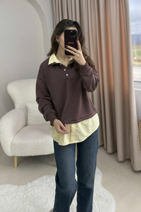 BUTTONED POLO NECK SIMPLE WOMEN SWEATSHIRT BROWN/KAFE - 4