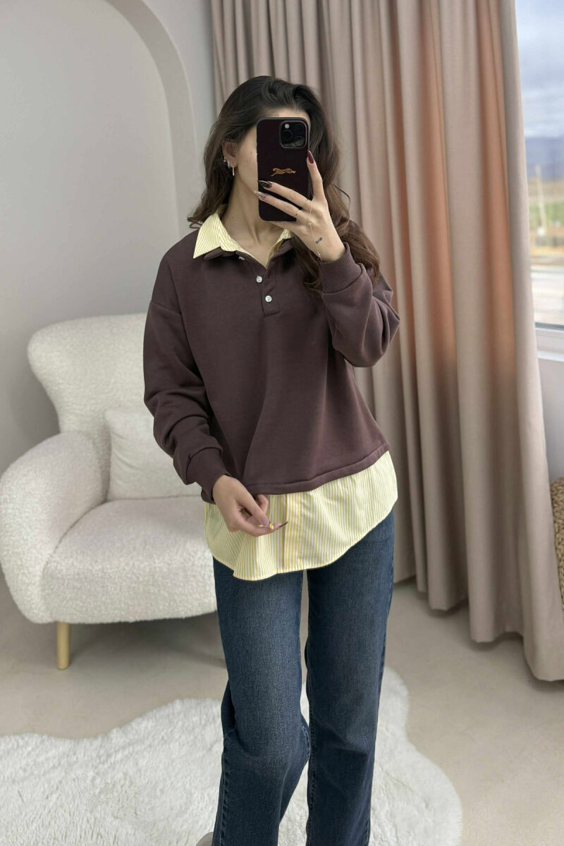 BUTTONED POLO NECK SIMPLE WOMEN SWEATSHIRT BROWN/KAFE - 4