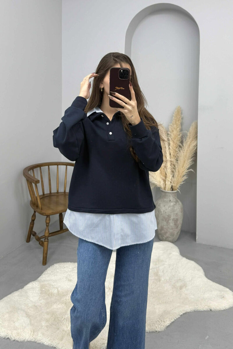 BUTTONED POLO NECK SIMPLE WOMEN SWEATSHIRT DARK BLUE/BEE - 1