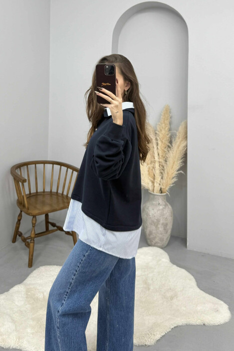 BUTTONED POLO NECK SIMPLE WOMEN SWEATSHIRT DARK BLUE/BEE - 2