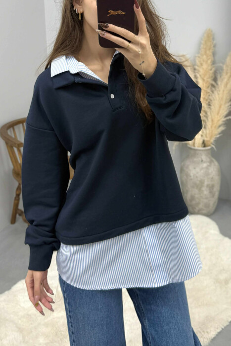 BUTTONED POLO NECK SIMPLE WOMEN SWEATSHIRT DARK BLUE/BEE - 3