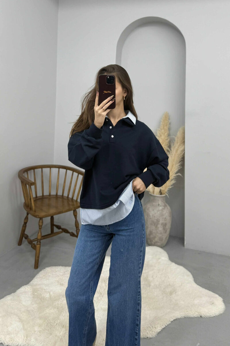 BUTTONED POLO NECK SIMPLE WOMEN SWEATSHIRT DARK BLUE/BEE - 4