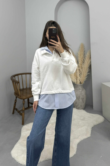 BUTTONED POLO NECK SIMPLE WOMEN SWEATSHIRT WHITE-E BARDHE 