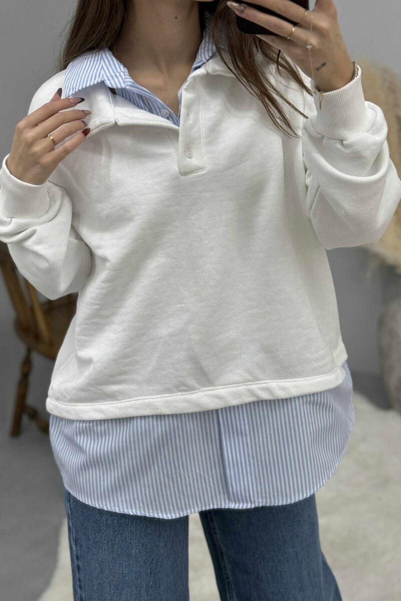 BUTTONED POLO NECK SIMPLE WOMEN SWEATSHIRT WHITE-E BARDHE - 2