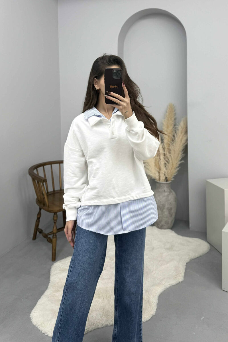 BUTTONED POLO NECK SIMPLE WOMEN SWEATSHIRT WHITE-E BARDHE - 4