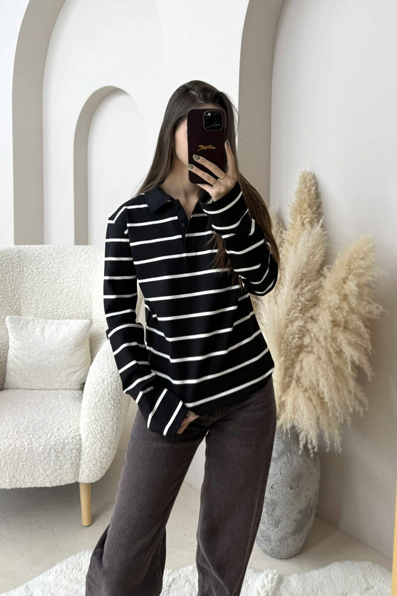 BUTTONED POLO NECK STRIPED WOMEN SWEATSHIRT BLACK/ E ZEZE - 1