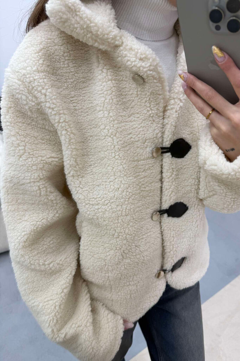 BUTTONED SHEEPSKIN WOMEN JACKET CREAM/KREM - 9