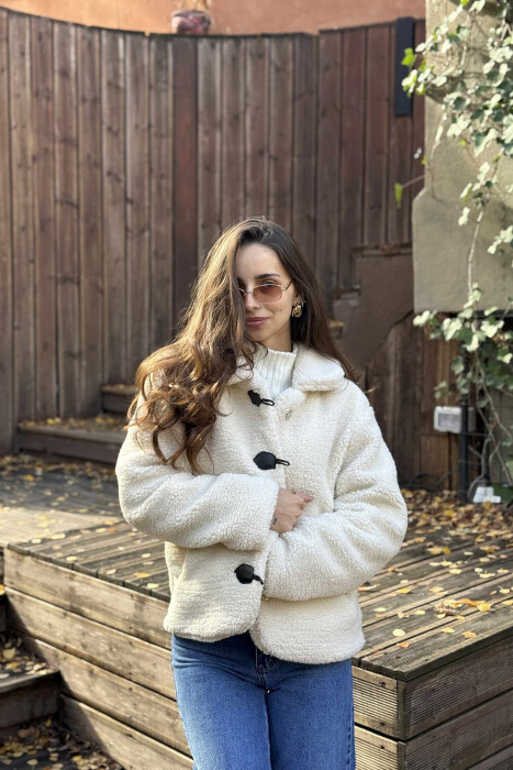 BUTTONED SHEEPSKIN WOMEN JACKET CREAM/KREM - 6