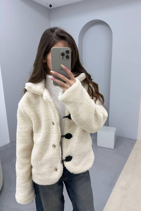 BUTTONED SHEEPSKIN WOMEN JACKET IN CREAM COLOR - 6