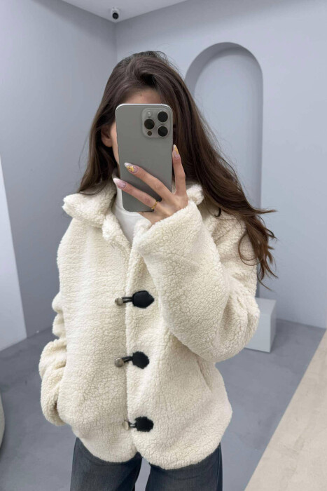 BUTTONED SHEEPSKIN WOMEN JACKET IN CREAM COLOR - 7