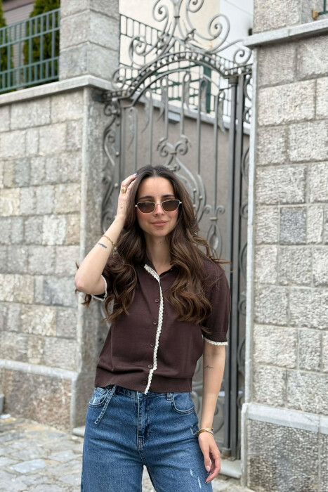 BUTTONED SHORT SLEEVE POLO NECK WOMEN SWEATER BROWN/KAFE - KLAUDIO FASHION