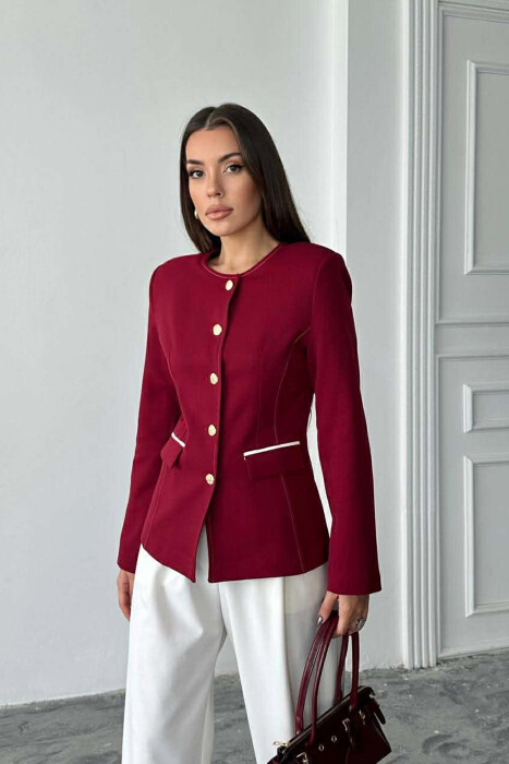 BUTTONED SHOULDER PADS WOMEN JACKET BURGUNDY/VISHNJE - KLAUDIO FASHION