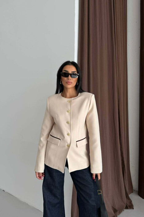 BUTTONED SHOULDER PADS WOMEN JACKET CREAM/KREM - 2