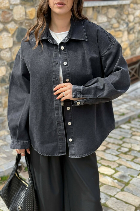 BUTTONED SIMPLE DENIM WOMEN JACKET DARK GREY/GEE - 2