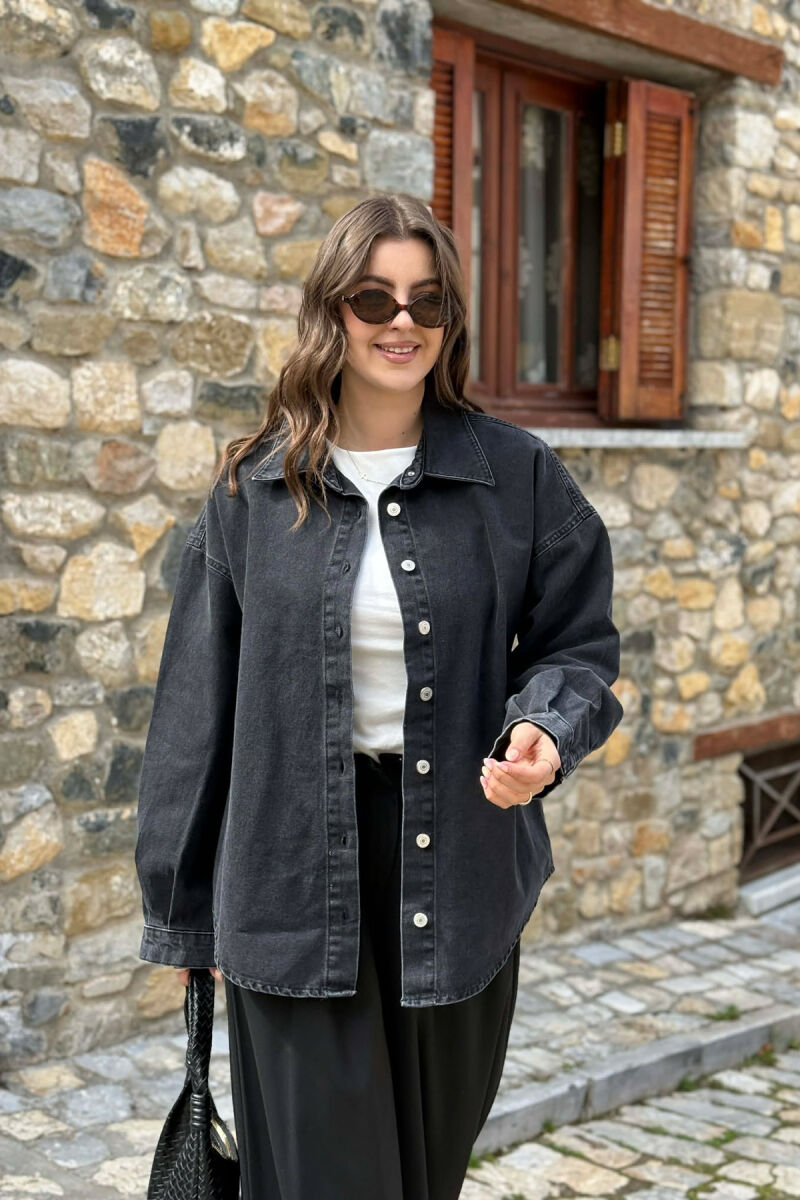 BUTTONED SIMPLE DENIM WOMEN JACKET DARK GREY/GEE - 6