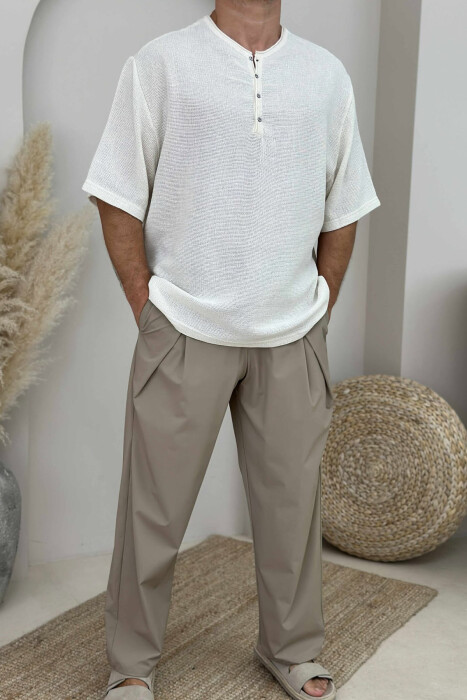 BUTTONED SIMPLE MEN T-SHIRT CREAM/KREM 
