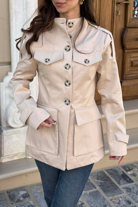 BUTTONED SIMPLE WOMEN JACKET BEIGE/BEZHE - 5