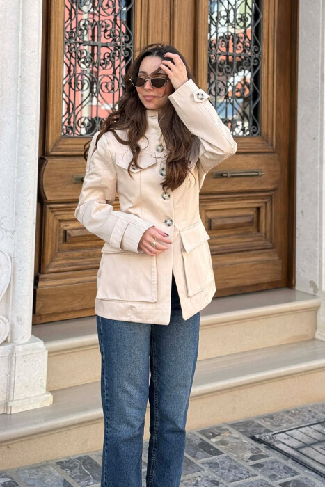 BUTTONED SIMPLE WOMEN JACKET BEIGE/BEZHE - 6