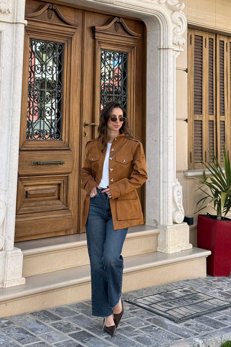 BUTTONED SIMPLE WOMEN JACKET BROWN/KAFE - 3