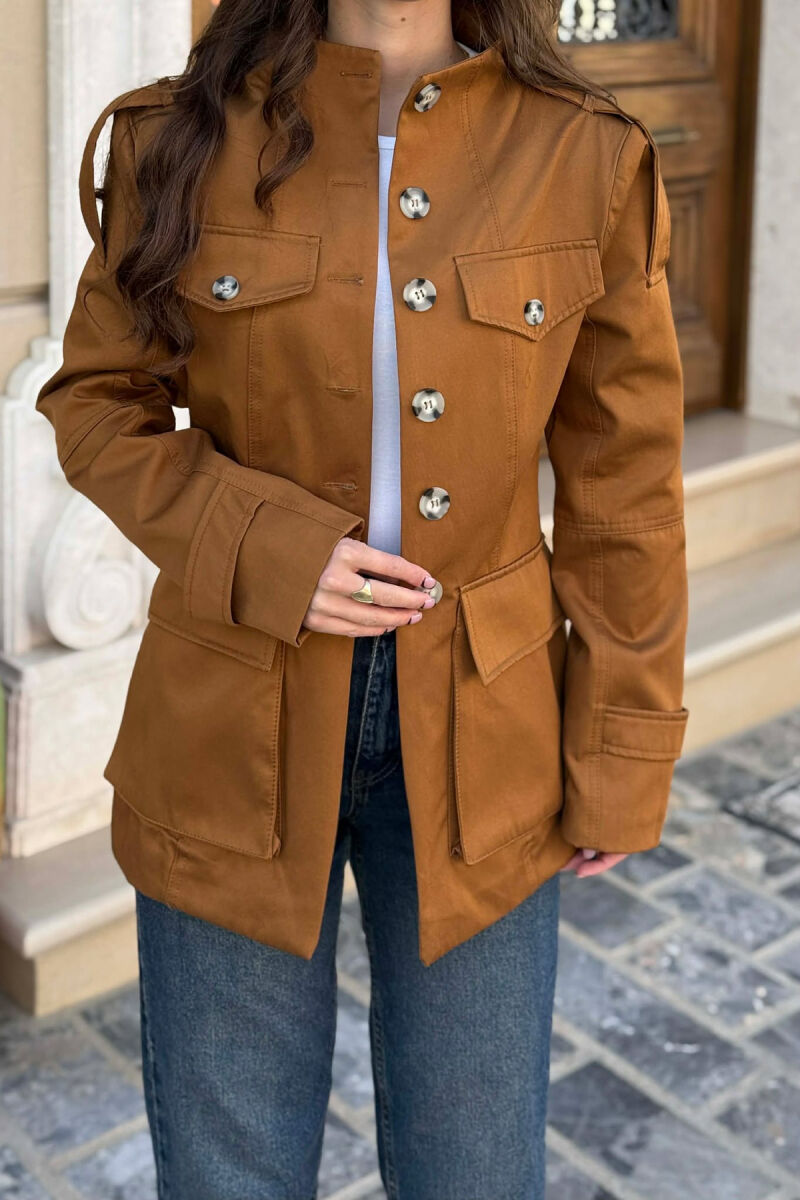 BUTTONED SIMPLE WOMEN JACKET BROWN/KAFE - 4