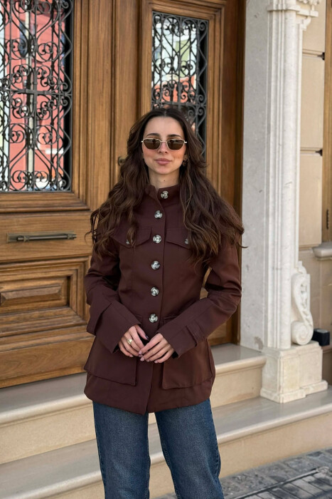 BUTTONED SIMPLE WOMEN JACKET DARK BROWN/KAE - KLAUDIO FASHION