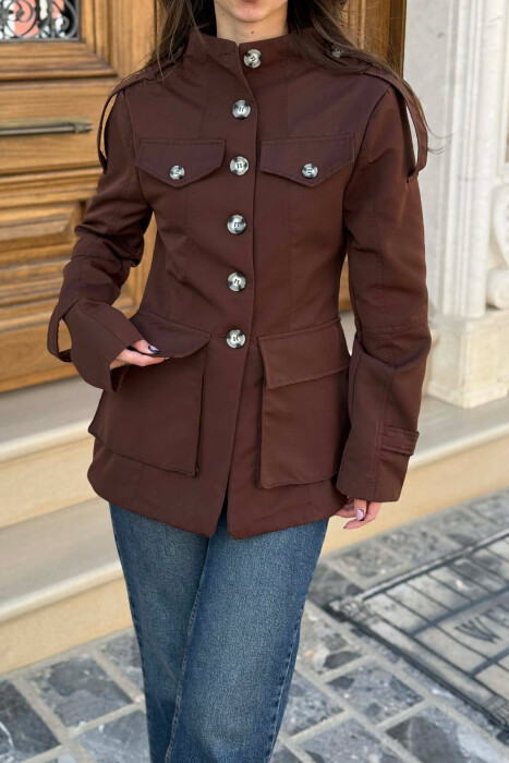 BUTTONED SIMPLE WOMEN JACKET DARK BROWN/KAE - 2
