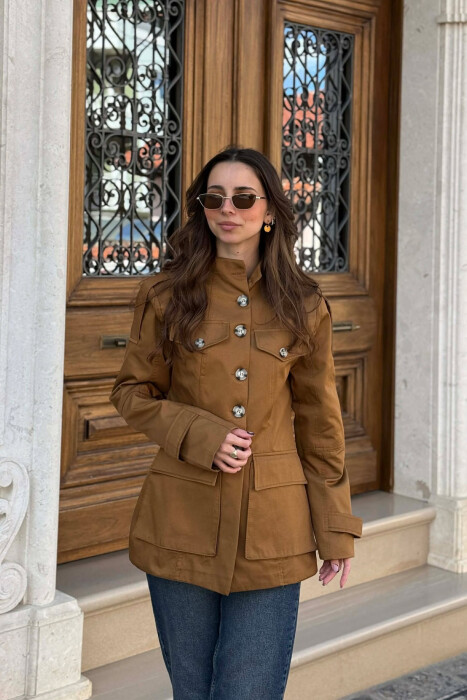 BUTTONED SIMPLE WOMEN JACKET LIGHT BROWN/KAZB - 1