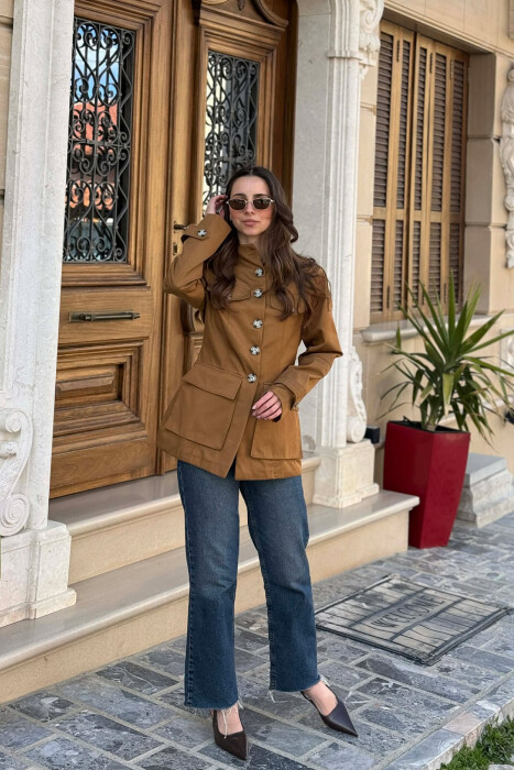 BUTTONED SIMPLE WOMEN JACKET LIGHT BROWN/KAZB - 5