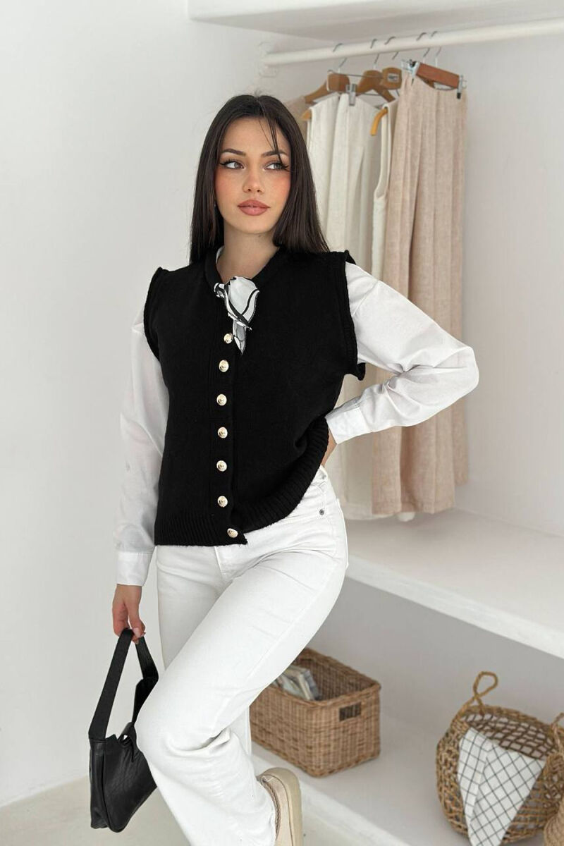 BUTTONED SLEEVELESS ONE COLOR WOMEN VEST BLACK/ E ZEZE - 1