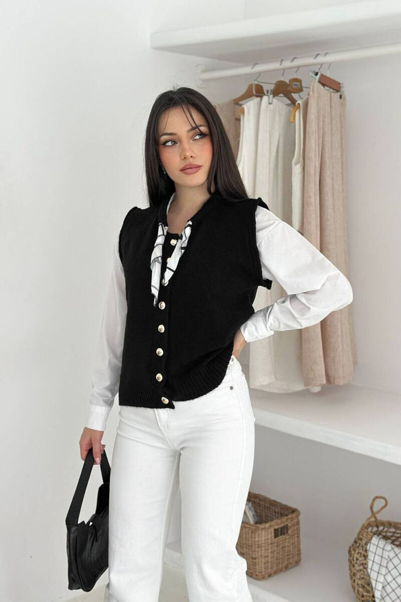 BUTTONED SLEEVELESS ONE COLOR WOMEN VEST BLACK/ E ZEZE - 3