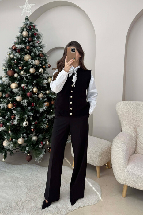 BUTTONED SLEEVELESS ONE COLOR WOMEN VEST BLACK/ E ZEZE - KLAUDIO FASHION